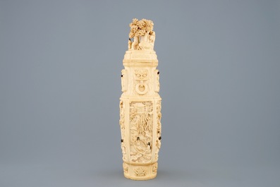 A very fine Chinese carved ivory vase and cover with figures in a landscape, ca. 1900