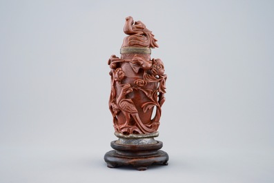 A Chinese carved goldstone vase and cover with bronze mount by Maquet, Paris, 19/20th C.