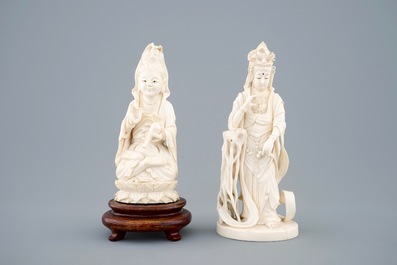 Twee Chinese ivoren figuren van Boddhisatva, ca. 1920