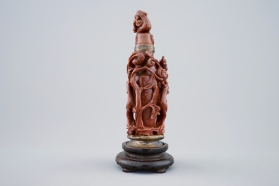 A Chinese carved goldstone vase and cover with bronze mount by Maquet, Paris, 19/20th C.