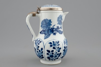 A Chinese blue and white silver-mounted jug and cover, Kangxi