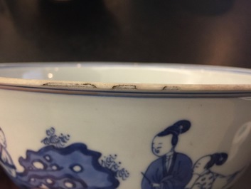 A Chinese blue and white bowl with a rabbit, Kangxi