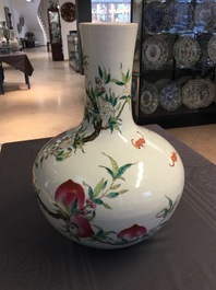 A fine Chinese famille rose tianqiuping &quot;Nine peaches&quot; vase, Guangxu mark, 19/20th C.