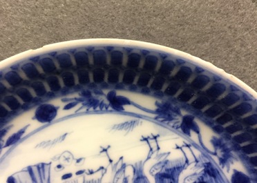 A Chinese blue and white cup and saucer with &quot;La Dame au Parasol&quot; after Pronk, ca. 1740