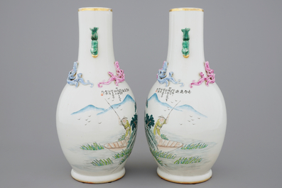 An unusual pair of Chinese famille rose landscape vases, early 20th C.