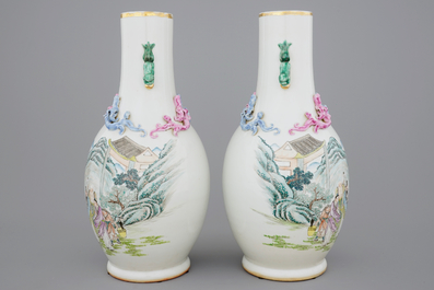 An unusual pair of Chinese famille rose landscape vases, early 20th C.