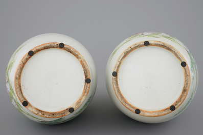 An unusual pair of Chinese famille rose landscape vases, early 20th C.