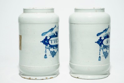 A pair of large Dutch Delft blue and white pharmacy jars, 18th C.