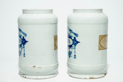 A pair of large Dutch Delft blue and white pharmacy jars, 18th C.