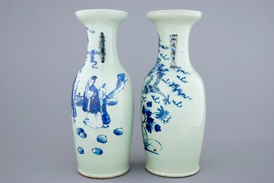 Deux vases en porcelaine de Chine &agrave; d&eacute;cor bleu et blanc sur fond c&eacute;ladon, 19&egrave;me