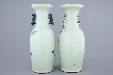 Deux vases en porcelaine de Chine &agrave; d&eacute;cor bleu et blanc sur fond c&eacute;ladon, 19&egrave;me