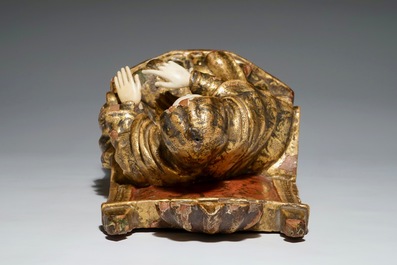 A gilt and painted wooden and ivory figure of the seated Saint Anne, Southern Europe, 17/18th C.