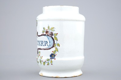 A polychrome Dutch Delft albarello-shaped pharmacy jar, 18th C.