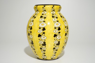 A tall yellow ground crackle glazed vase, Charles Catteau for Boch Fr&egrave;res Keramis, ca. 1925-1930