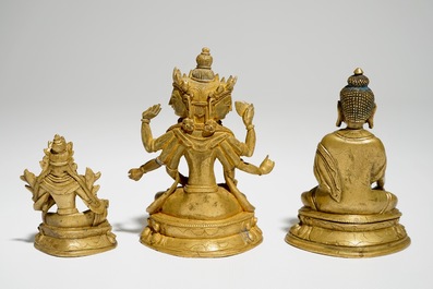 A set of three Chinese gilt bronze figures of Tara and Buddha, 18/19th C.