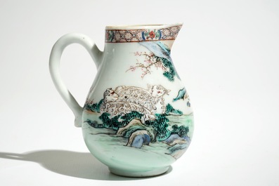 A fine Chinese famille rose milk jug and a cup and saucer, Yongzheng/Qianlong