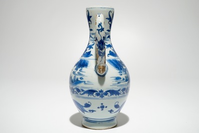 A Chinese blue and white jug with landscape design, Transitional period, Chongzhen