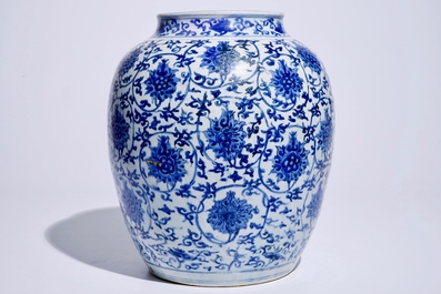 A Chinese blue and white lotus scroll vase, Ming, Wanli