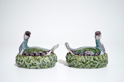 A pair of polychrome Dutch Delft butter tubs shaped as plovers, 18th C.