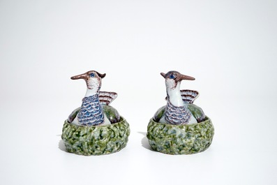 A pair of polychrome Dutch Delft butter tubs shaped as plovers, 18th C.