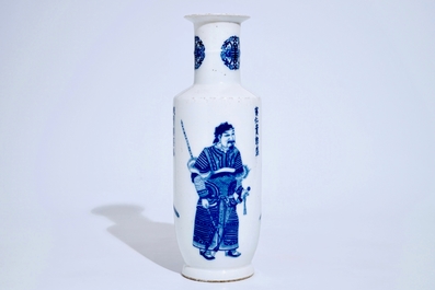 A Chinese blue and white &quot;Wu Shuang Pu&quot; rouleau vase, 19/20th C.