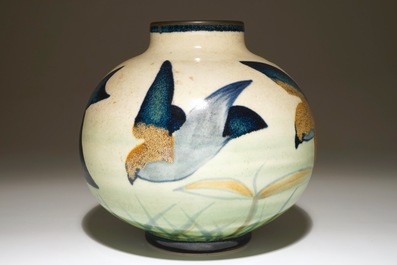 A rare stoneware vase with stylised birds, Charles Catteau for Boch Fr&egrave;res Keramis, ca. 1930