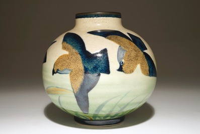 A rare stoneware vase with stylised birds, Charles Catteau for Boch Fr&egrave;res Keramis, ca. 1930