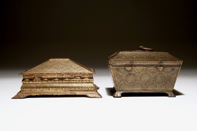 Two fine Anglo-Indian gilt damascened caskets with floral design, 18/19th C.