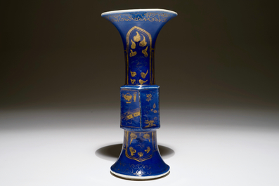 Een Chinese bleu poudr&eacute; gu vaas met verguld decor, Kangxi