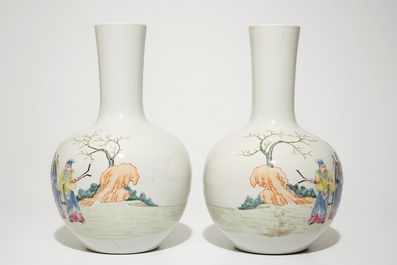 A pair of Chinese famille rose tianqiuping vases with the eight immortals, 20th C.