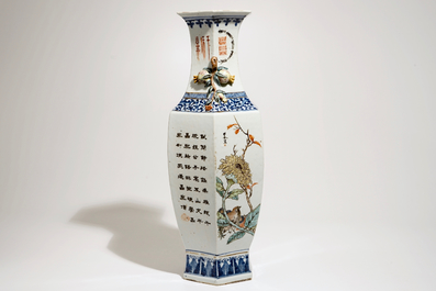 A Chinese hexagonal vase with qianjiang cai design, 19/20th C.