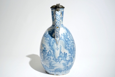 A large blue and white pewter-mounted jug, Delft or Frankfurt, 17th C.