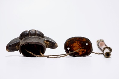 A Chinese bamboo opium pipe, a dark hardstone chalice and a silver belt buckle, 19/20th C.