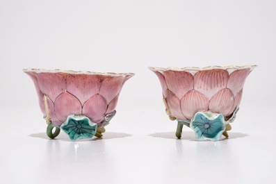 A pair of Chinese famille rose lotus-shaped cups and saucers, Yongzheng