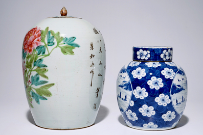 Un bassin et deux pots couverts en porcelaine de Chine famille rose et bleu et blanc, 19/20&egrave;me