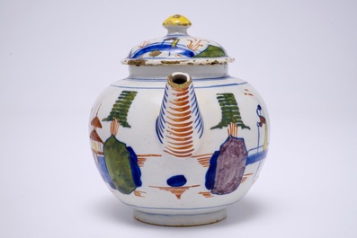 A polychrome Dutch Delft chinoiserie teapot and cover, 18th C.