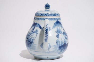 A blue and white Chinese teapot with a fine landscape, Yongzheng/Qianlong