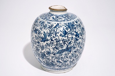 A Dutch Delft blue and white jar with peacocks among foliage, 17th C.