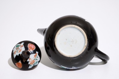 A Chinese black ground famille rose teapot and cover with geese, Yongzheng/Qianlong