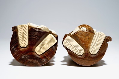 A pair of Japanese okimono in ivory and wood, Meiji, signed