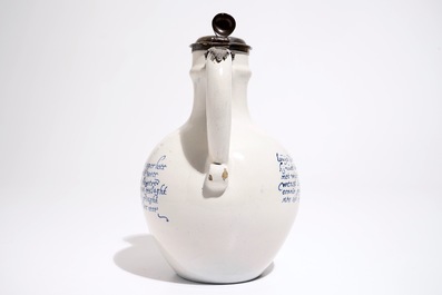 A Dutch Delft orangist text jug with the arms of King William III, 17th C.