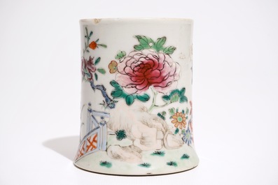 A Chinese famille rose mug with flowers and rockwork, Qianlong