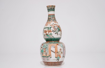A Chinese famille verte double gourd vase, Kangxi mark, 19th C.