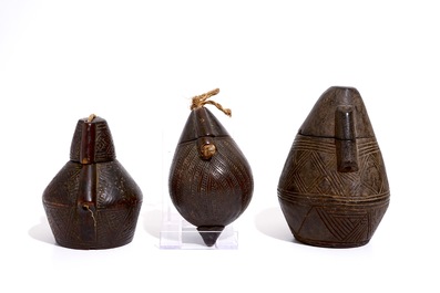 Three engraved wooden powder flasks, Bakongo, D.R. Congo, early 20th C.