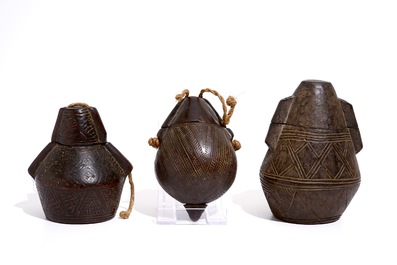 Three engraved wooden powder flasks, Bakongo, D.R. Congo, early 20th C.