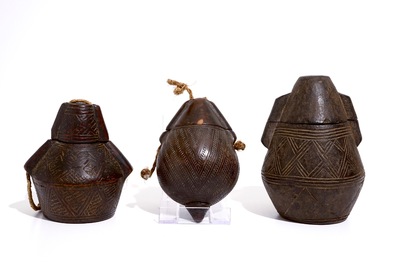 Three engraved wooden powder flasks, Bakongo, D.R. Congo, early 20th C.