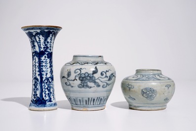 Two blue and white Chinese jarlets, Ming, and a Kangxi beaker vase