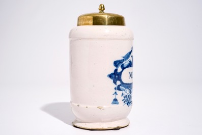 A Dutch Delft blue and white albarello-shaped pharmacy drug jar, 18th C.