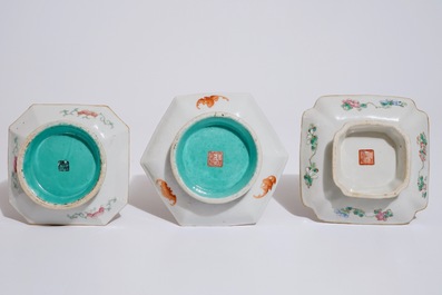 Three Chinese famille rose footed bowls, 19th C.