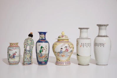 Five Chinese famille rose vases and a standing figure, 19/20th C.